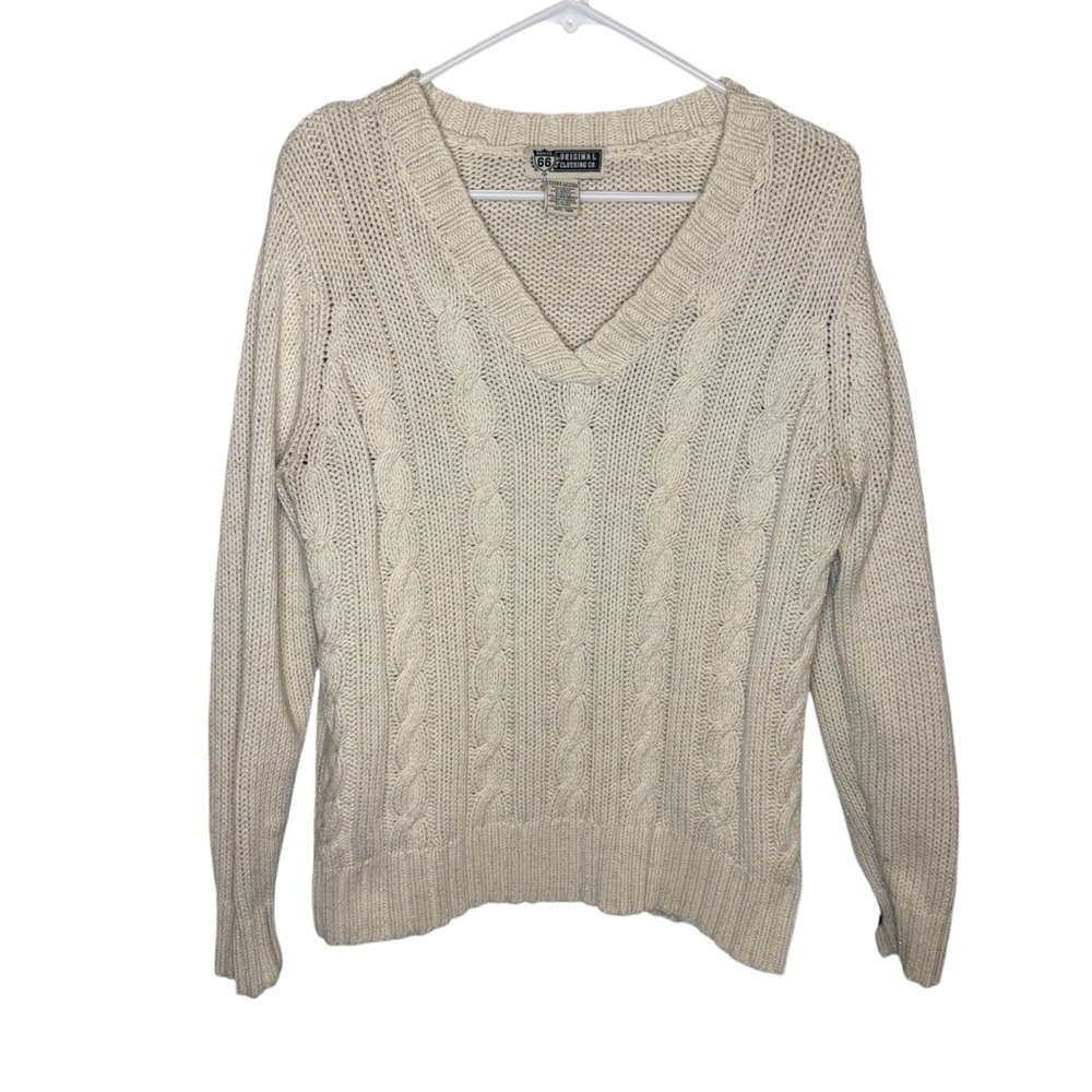 Route 66 Vintage Cream Cable Knit V-Neck Sweater - Size XL